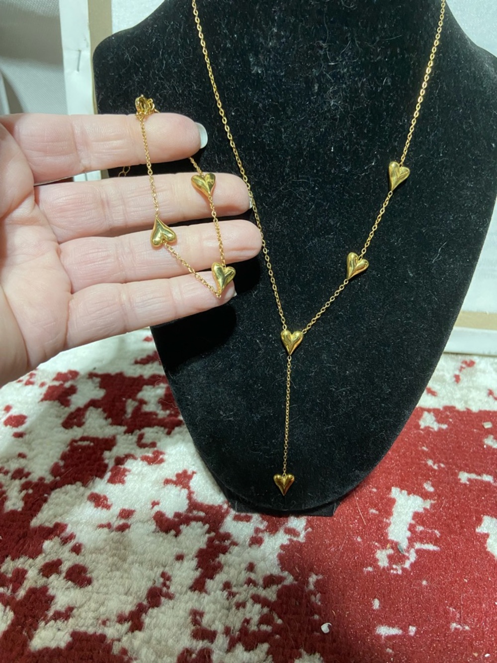 Gold Tone Heart Lariat Necklace and Bracelet Set - Stainless Steel